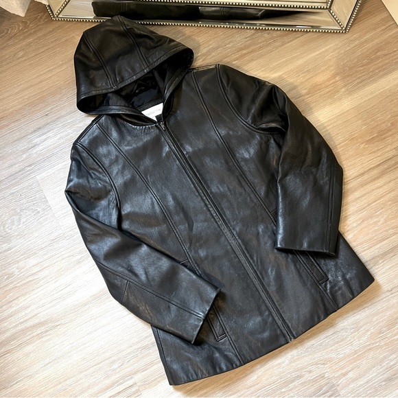 Liz Claiborne Jackets & Blazers - Liz Claiborne Leather Hooded Black Jacket Medium  Vintage Y2K Moto Grunge zip